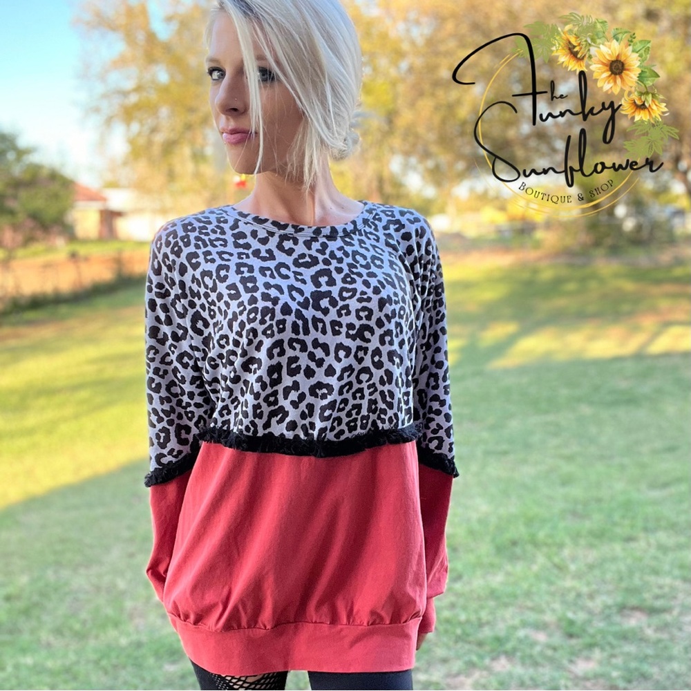 Leopard Fringe Long Sleeve Top